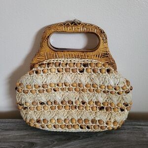 Vintage Beaded Raffia & Wood Woven Clutch Handbag Natural MCM